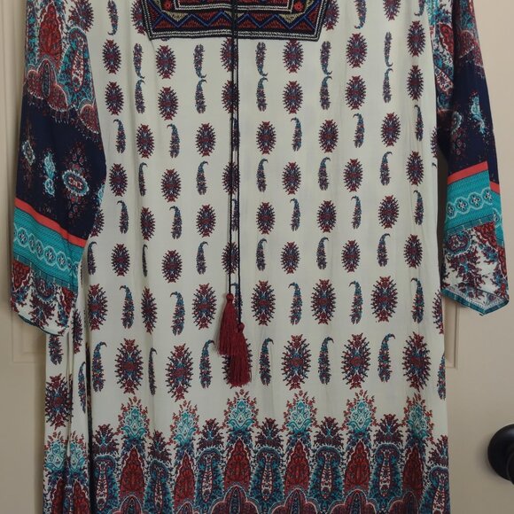 Measeor Womens Dress Beige w/Multiprint + Embroidery Neck Sz XL - Picture 1 of 6
